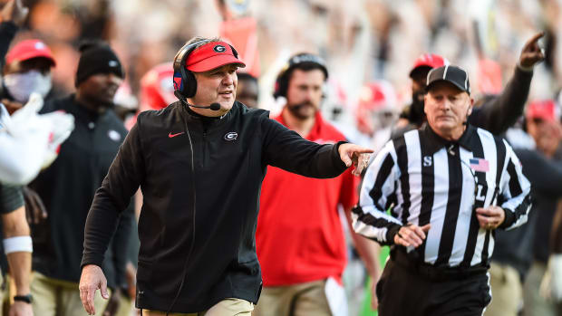 Nov 13, 2021; Knoxville, Tennessee, USA; Georgia Bulldogs head coach Kirby Smart coaching during the first half against the Georgia Bulldogs at Neyland Stadium. Mandatory Credit: Bryan Lynn-USA TODAY Sports
